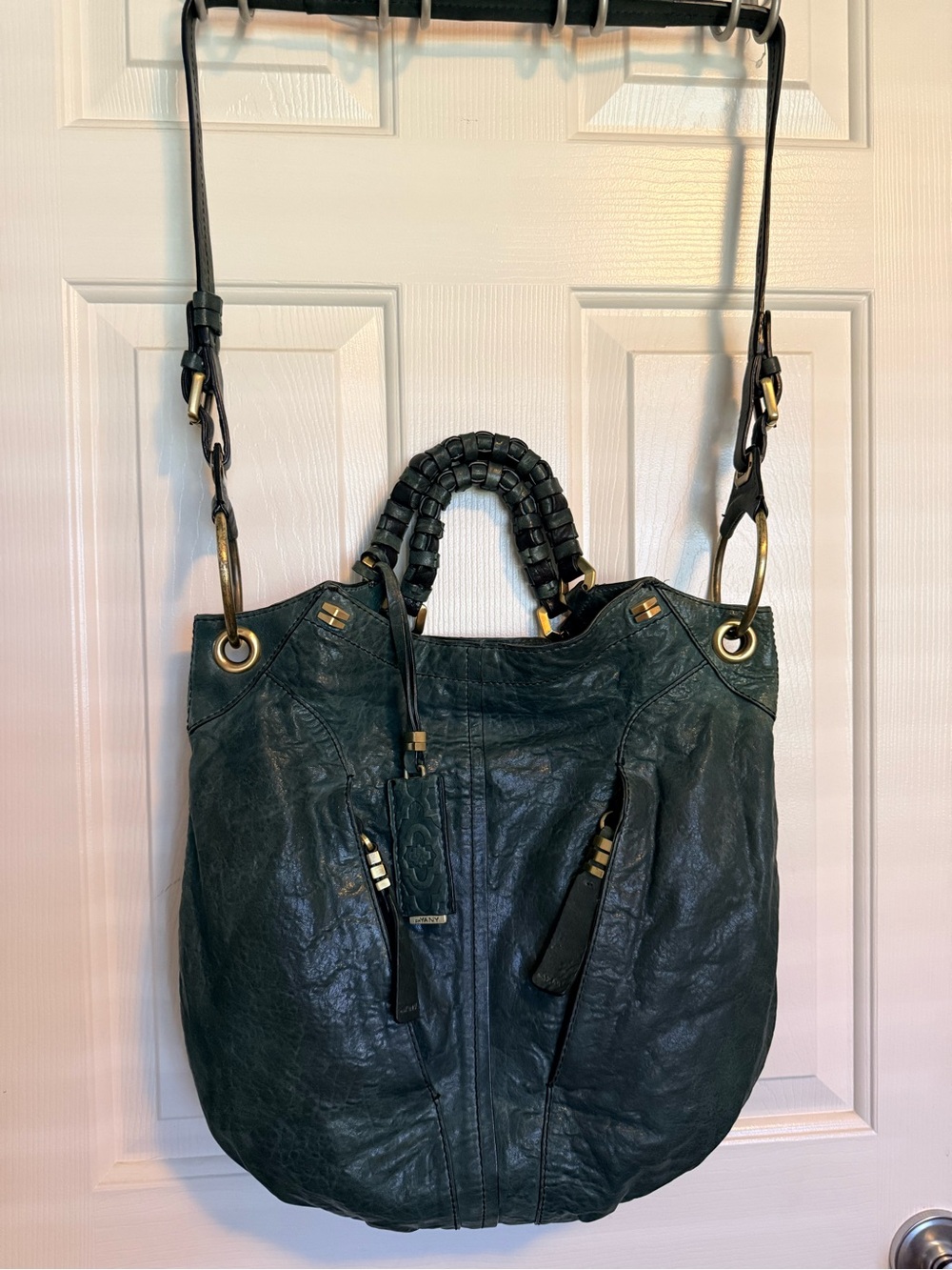 orYANY Dark Green Leather Shoulder Bag with Woven Top Handles